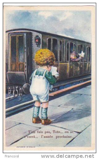 Petite Fille Dans Un Train Agite Son Mouchoir. Petit Garçon Pleure Sur Le Quai. - Bertiglia, A.