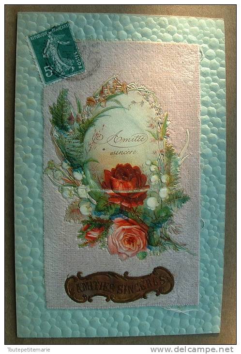 Carte Gauffrée Sur Les Bords - Chromo Contre Collé Velour Rose Fleurs Amitié Sincère - Autres & Non Classés