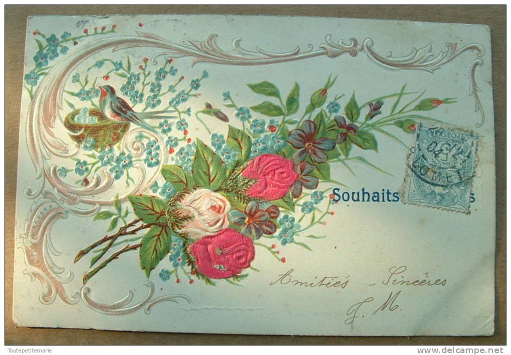 Carte Gauffrée Bouquet De Roses Souhaits - Otros & Sin Clasificación