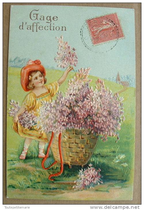 Carte Gauffrée Gage D'affection Jeune Fille Panier De Violettes - 1er Avril - Poisson D'avril