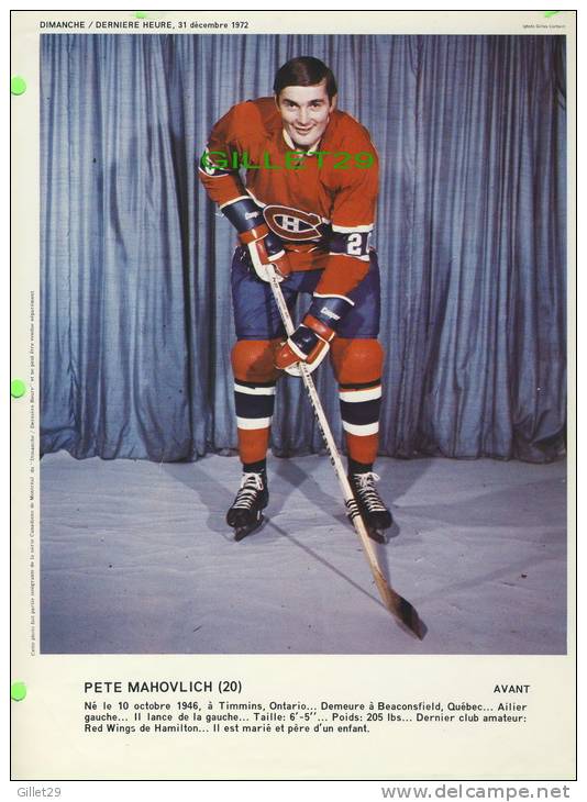 SPORT HOCKEY- CANADIENS DE MONTRÉAL, PETE MAHOVLICH, No 20 - DIMANCHE/DERNIÈRE HEURE,1973 - DIMENSION  21 X 28 Cm - - Montreal Canadiens