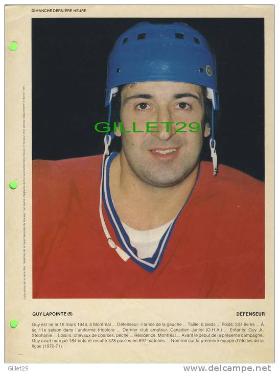 SPORT HOCKEY - CANADIENS DE MONTRÉAL - GUY LAPOINTE, No 5 - DIMANCHE/DERNIÈRE HEURE,1981 - DIMENSION  21 X 28 Cm - - Montreal Canadiens