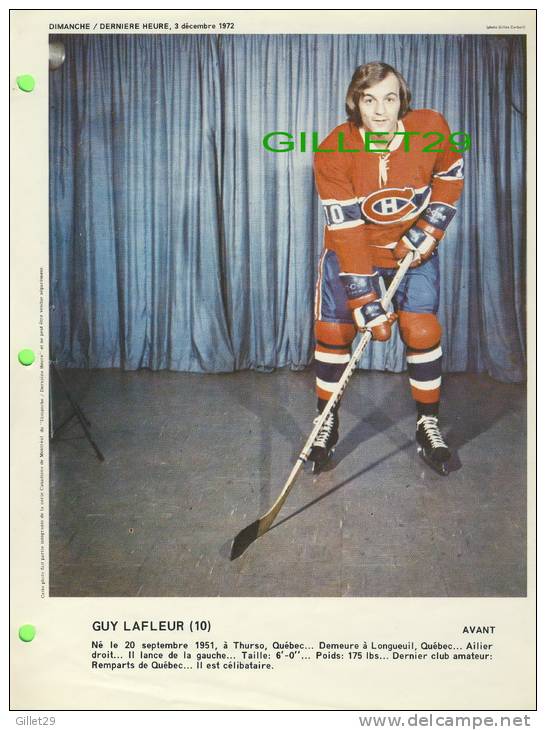 SPORT HOCKEY - CANADIENS DE MONTRÉAL - GUY LAFLEUR, No 10 - DIMANCHE/DERNIÈRE HEURE,1972 - DIMENSION  21 X 28 Cm - - Montreal Canadiens