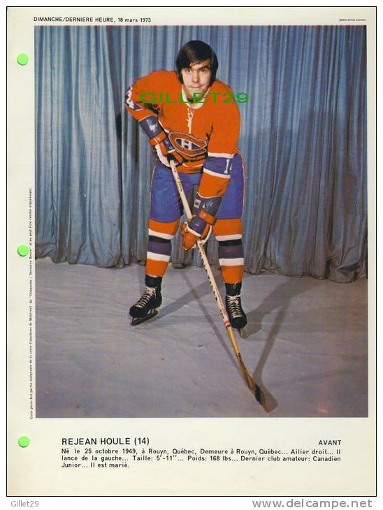 SPORT HOCKEY - CANADIENS DE MONTRÉAL - RÉJEAN HOULE, No 14 - DIMANCHE/DERNIÈRE HEURE,1973 - DIMENSION  21 X 28 Cm - - Montreal Canadiens