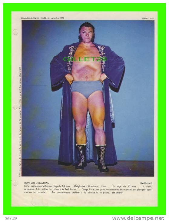 SPORT, LUTTE GRAND PRIX - WRESTLING - PHOTO, DON LEO JONATHAN - DIMANCHE/DERNIÈRE HEURE,1973 - DIMENSION  21 X 28 Cm - - Kleding, Souvenirs & Andere