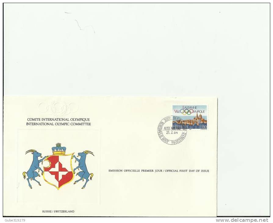 SWITZERLAND OLYMPIC GAMES LAUSANNE 1984 - FDC INTL COMMITTEE W 1 ST 80 POST BERN-LOCARNO BERN FEB 21, 1984 RE SW 1 - Lettres & Documents