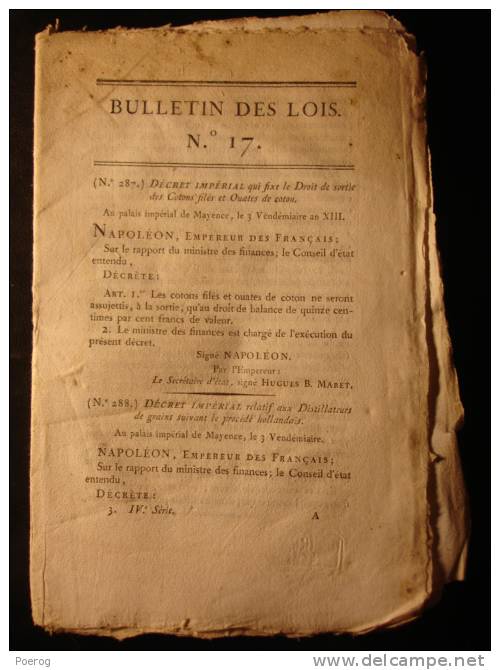 BULLETIN DES LOIS SEPTEMBRE 1804 - DOUANES COTON DISTILLERIE MAYENCE COBLENTZ CHERBOURG TABAC NANKIN INDE DETTES Tobacco - Décrets & Lois