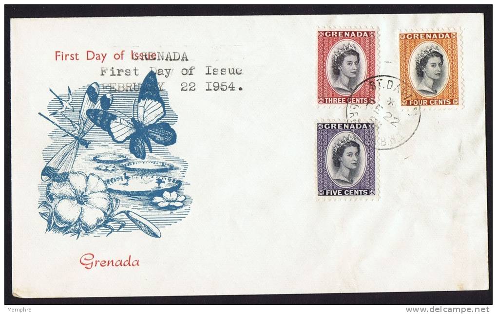 154 Queen Elizabeth II Definitives 3, 4 And 5 Cents Values SG 195-7  FDC - Grenada (...-1974)