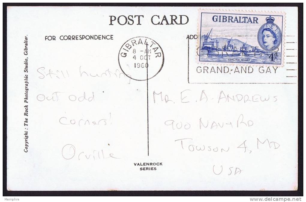 GIBRALTAR   1960 &laquo; 4 D Coaling Wharf, Blue&raquo; SG 151a  Solo Use On Postcard To USA - Gibraltar