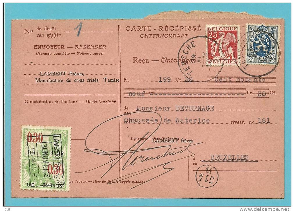 285+339 Op Carte-Recepisse (ontvangkaart) Met Stempel TEMSCHE  (VK) - 1932 Cérès Et Mercure