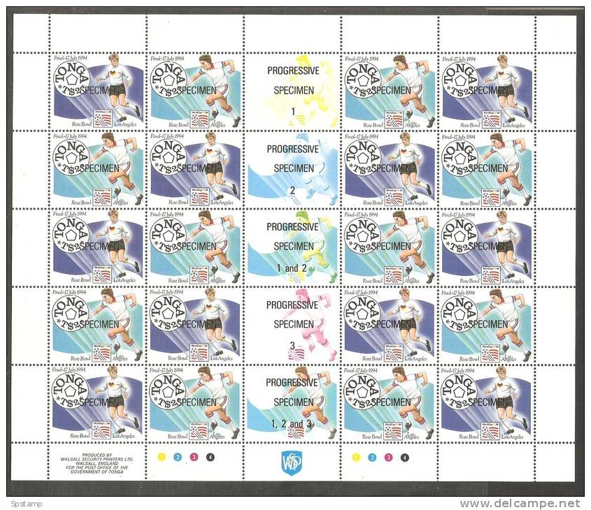 Tonga 1994 Soccer World Cup USA $2 Pair Full Sheet Overprinted Specimen With Gutter Colour Separation Labels & Imprints - Tonga (1970-...)