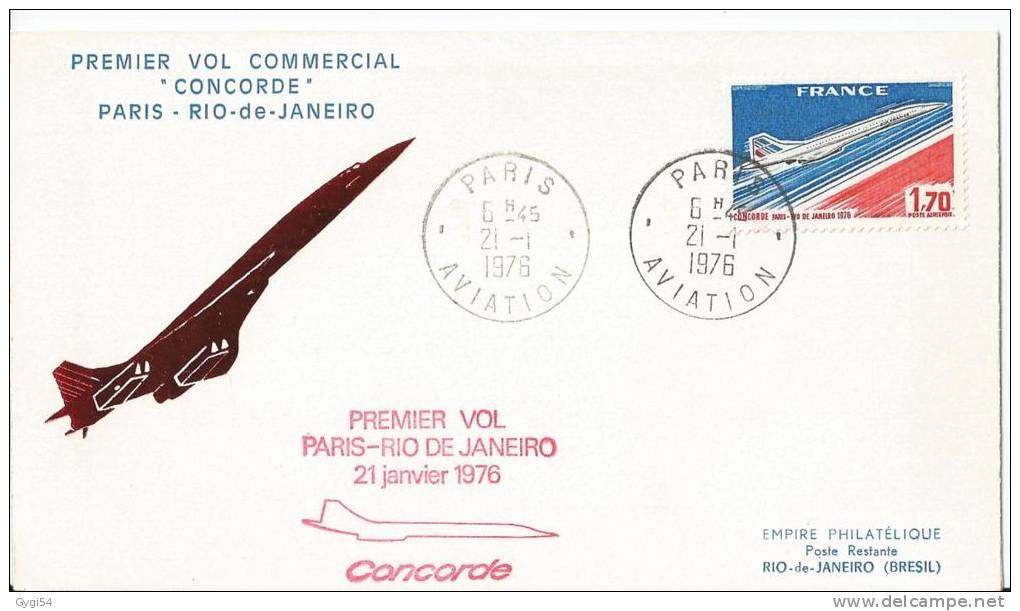 PARIS Air France Concorde Premier Vol Paris Rio De Janeiro 10/01/76 - First Flight Covers