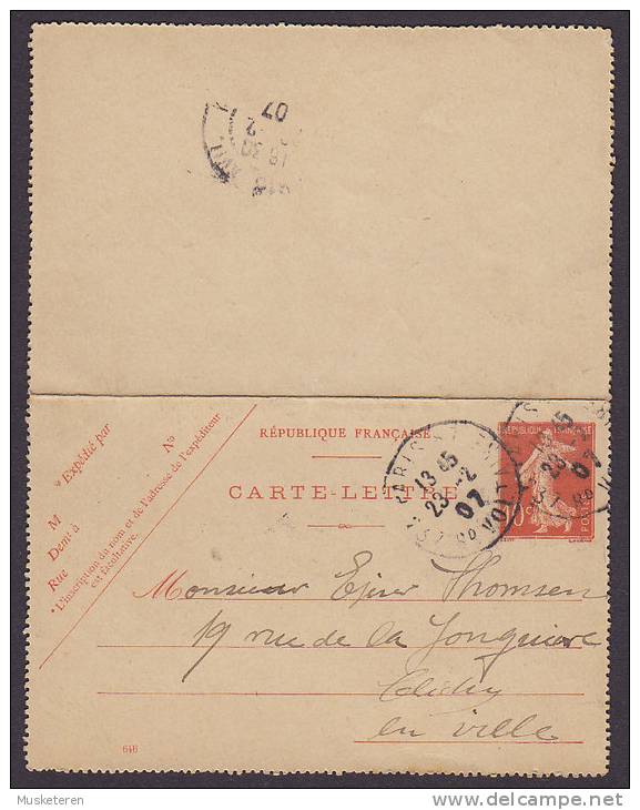 France Postal Stationery Ganzsache Entier Carte-Lettre 10 C. Semeuse (646) PARIS (Rue Voltaire) 1907 To CLICHY - Cartoline-lettere