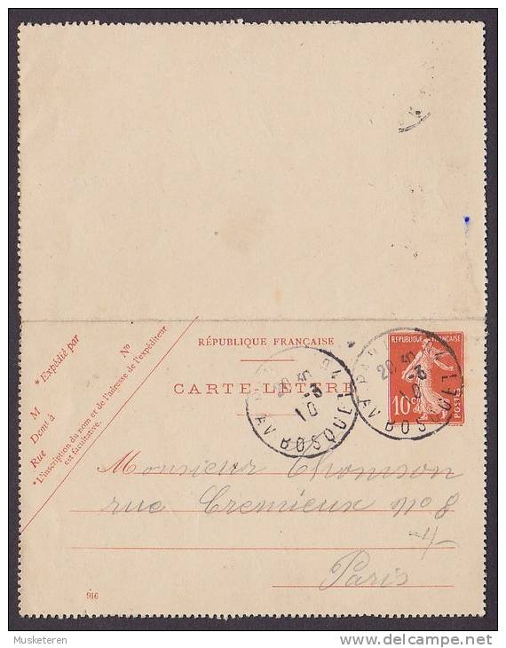 France Postal Stationery Ganzsache Entier Carte-Lettre 10 C. Semeuse (946) PARIS (Avenue Bosquet) 1910 Locally Sent - Kartenbriefe