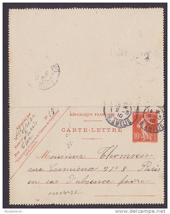 France Postal Stationery Ganzsache Entier Carte-Lettre 10 C. Semeuse (942) PARIS (Rue Amelie) 1910 Locally Sent - Cartoline-lettere