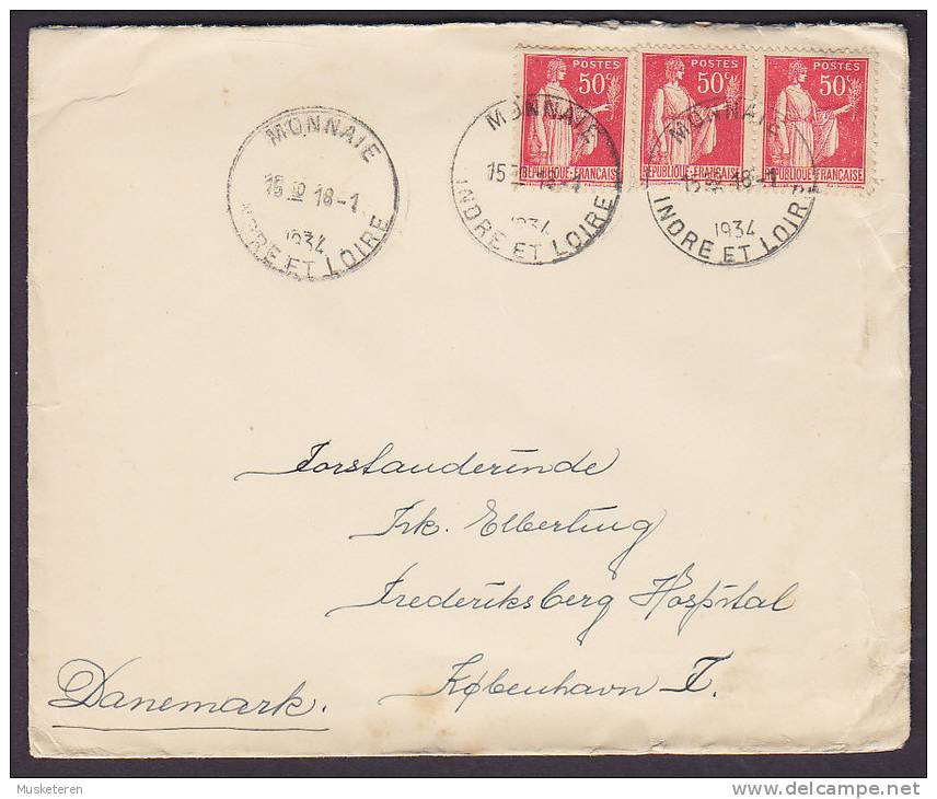 France Deluxe MONNAIE (Indre Et Loire) 1934 Cover To FREDERIKSBERG HOSPITAL Denmark (Pair + Single Peace Stamp) - 1932-39 Vrede