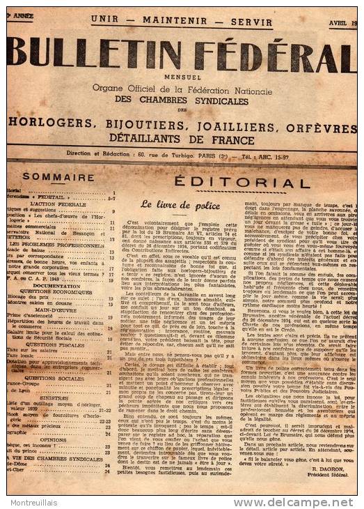 Bulletin Mensuel Fédéral, Avril 1949, Horlogers, Bijoutiers, Joalliers, Orfèvres, 27 Pages, 40ème Année - Autres & Non Classés