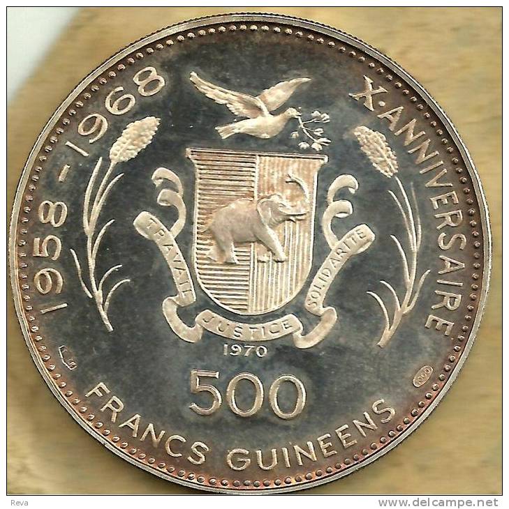 GUINEA 500 FRANCS BIRD ELEPHANT FRONT MUNICH OLYMPICS KANGAROO BACK 1970 AG SILVER KM15 READ DESCRIPTION CAREFULLY!!! - Guinea