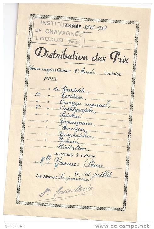 Distribution  Des Prix  1947 - 1948  -  Institution De  CHAVAGNES  à  LOUDUN  ( Vienne )  Décerné à Y.  PERON - Diplômes & Bulletins Scolaires