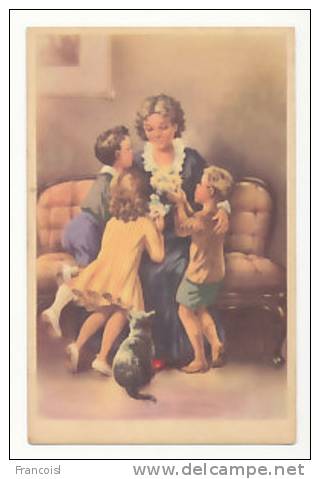 Jeune Femme Et Trois Enfants, Chat Et Fleurs - Fête Des Mères