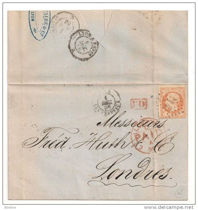 Lettre - RHONE - LYON LES TERREAUX GC.2145/N°23 + Càd T.15 + "PD" - 1866 - Altri & Non Classificati