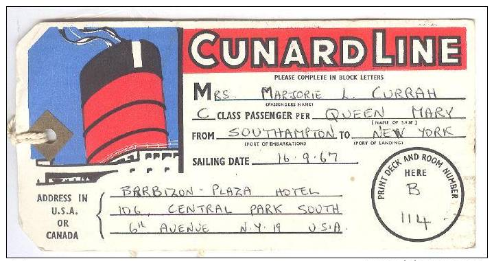 Cunard Line Luggage Tag , 1967 - Cargos