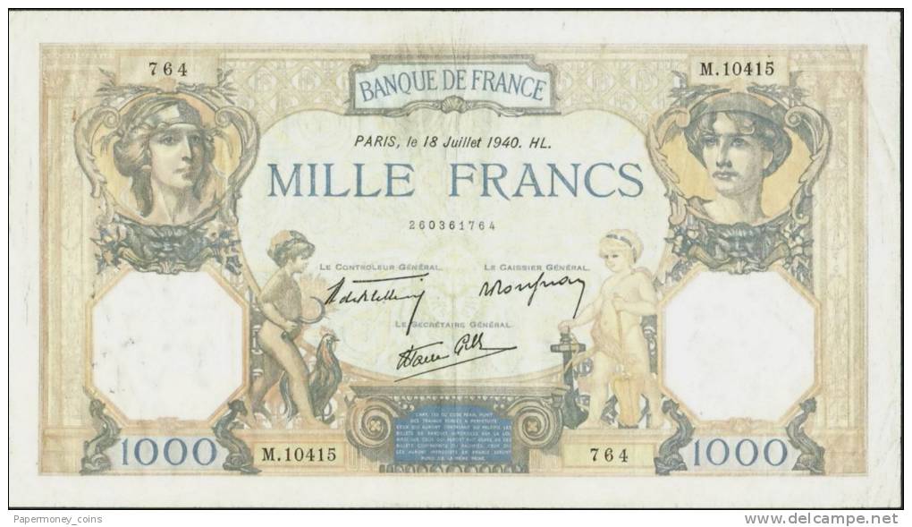 BANK OF FRANCE 1000 FRANCS 1940 BANKNOTE - MILLE FRANCS BANK DE FRANCE BILLET - 1 000 F 1927-1940 ''Cérès Et Mercure''
