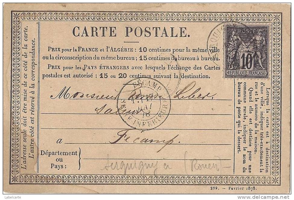 EURE 27.SERQUIGNY CARTE POSTALE PRECURSEUR 1878 CACHET SERQUIGNY A FECAMP - Serquigny