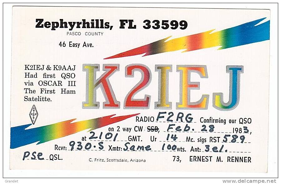 CARTE RADIO  - QSL - U.S.A - FLORIDA - ZEPHYRHILLS - Radio Amateur