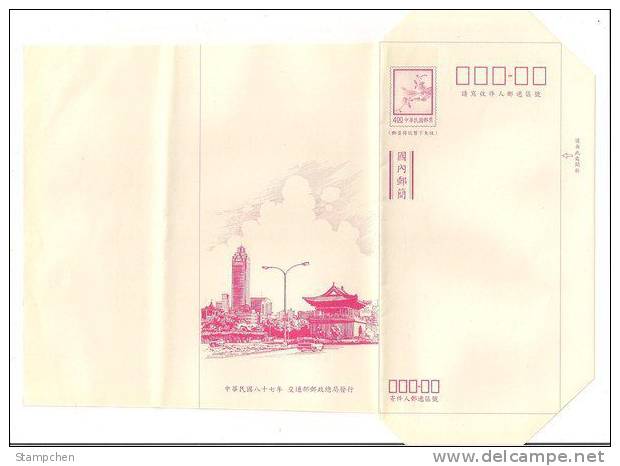 Taiwan 1998 Taiwan Pre-stamp Domestic Letter Sheet Bird Flower Taxi Car Architecture Relic Postal Stationary - Enteros Postales