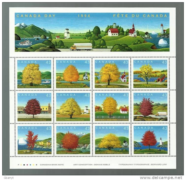 Canada Scott # 1524 - MNH VF Complete Full Sheet Canada Day Maple Trees - Unused Stamps