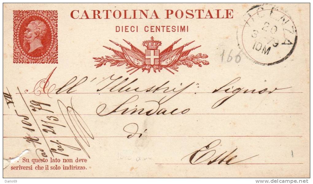 1879 CARTOLINA  10 CENTESIMI CON ANNULLO VICENZA - Interi Postali