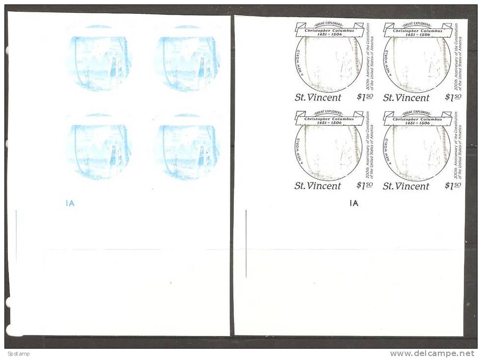 St Vincent 1988 Columbus US Bicent $1.50 Ship & Flag 5 Imperf Colour Trial Plate Proofs In MNH Plate No. Blocks 4 - St.Vincent (1979-...)