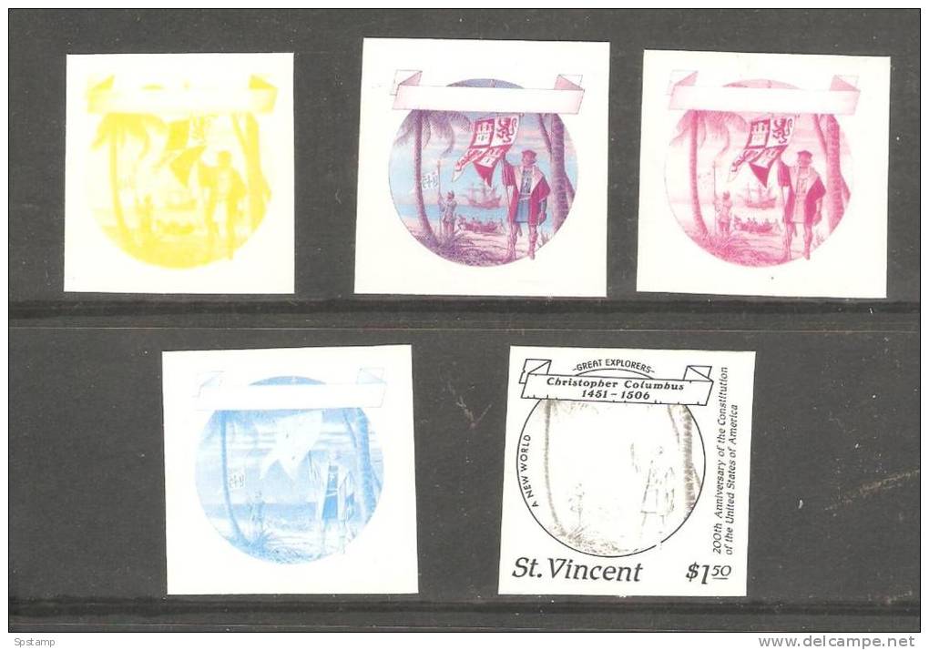 St Vincent 1988 Columbus US Bicentennial $1.50 Ship & Flag 5 Imperf Colour Trial Plate Proofs MNH - St.Vincent (1979-...)