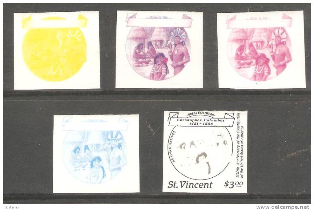 St Vincent 1988 Columbus US Bicentennial $3 Arawak Natives 5 Imperf Colour Trial Plate Proofs MNH - St.Vincent (1979-...)
