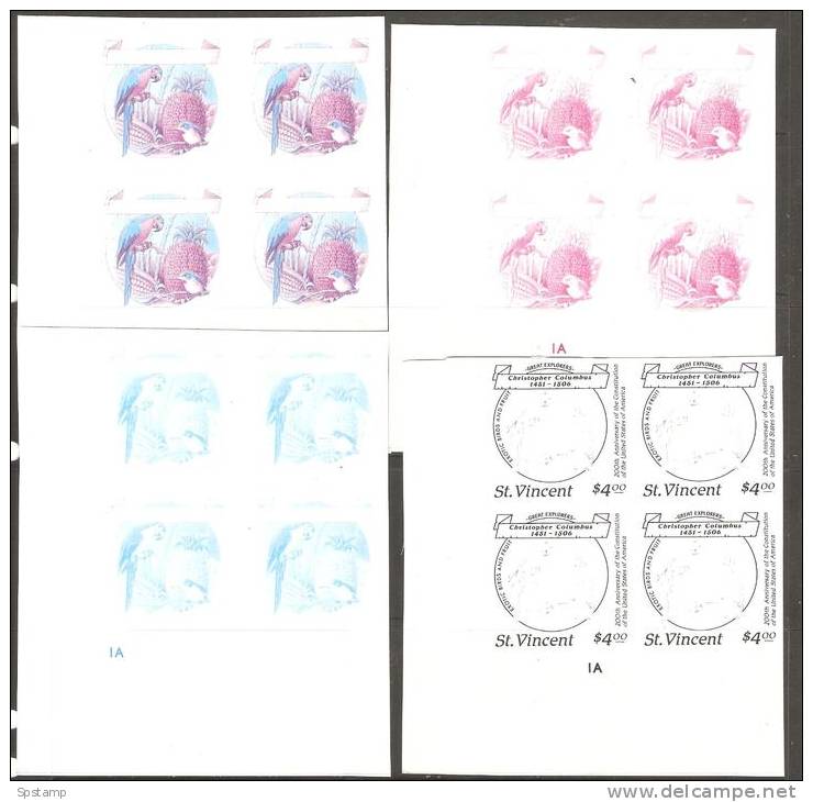 St Vincent 1988 Columbus US Bicentennial $4 Bird & Food 5 Imperf Colour Trial Plate Proofs MNH Plate # Blocks 4 - St.Vincent (1979-...)