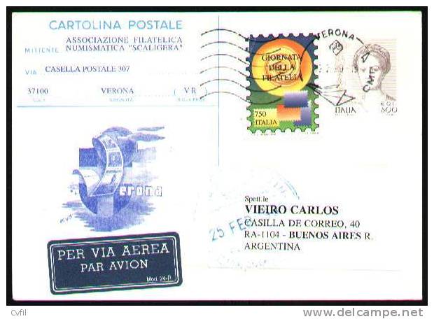 ITALIA 1999 - ENTIRE POSTAL CARD Printed To Private Order I.P.Z.S. From Verona To Buenos Aires - Stamped Stationery