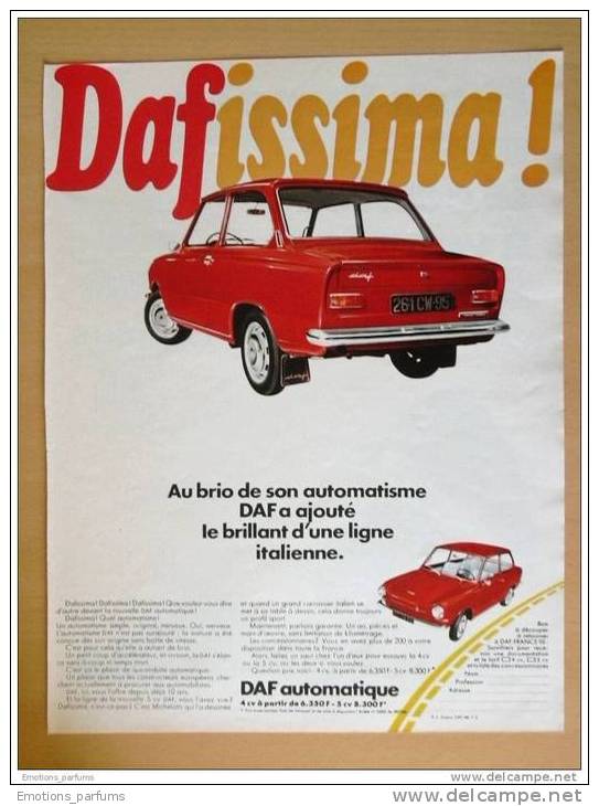 Pub Papier 1967 Voiture Automobile DAF Automatique Ligne Italienne Au Dos Chaussure Chien Hush Puppies - Publicités