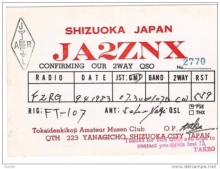 CARTE RADIO QSL - JAPON - SHIZUOKA - 1976. - Radio Amateur