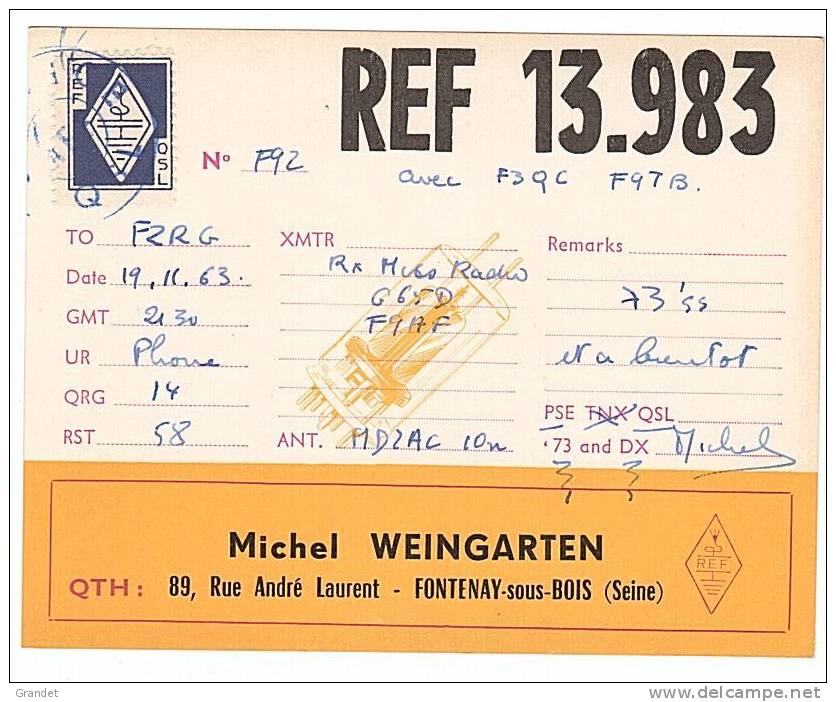 CARTE RADIO QSL - FONTENAY SOUS BOIS - 94 - 1963. - Radio Amateur