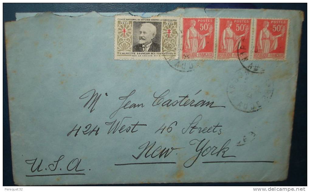 Antituberculeux Sur Lettre De BEZIERS Pour NEW YORK,1934,avec 3 N°283,avec Correspondance - Tuberkulose-Serien