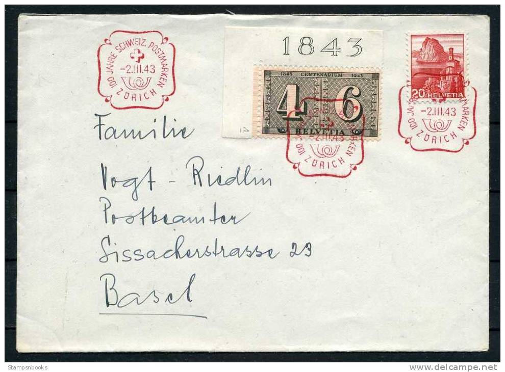 1943 Switzerland 100th Anniversary Of Stamps &amp; Postmarks Zurich Cover - Stamps On Stamps