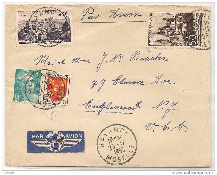 FRANCE - Type Marianne De Gandon - VF 1953 COVER HAYANGE To ENGLEWOOD - Yvert # 810 + 952+916+917 (damaged) + - 1945-54 Marianne Of Gandon