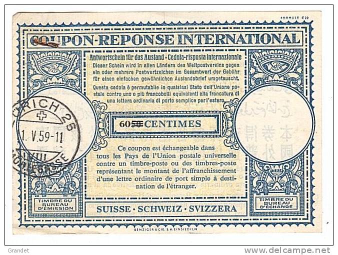 SUISSE - COUPON REPONSE INTERNATIONAL  - ZURICH - 1959 - SURCHARGE - RARE. - Poste