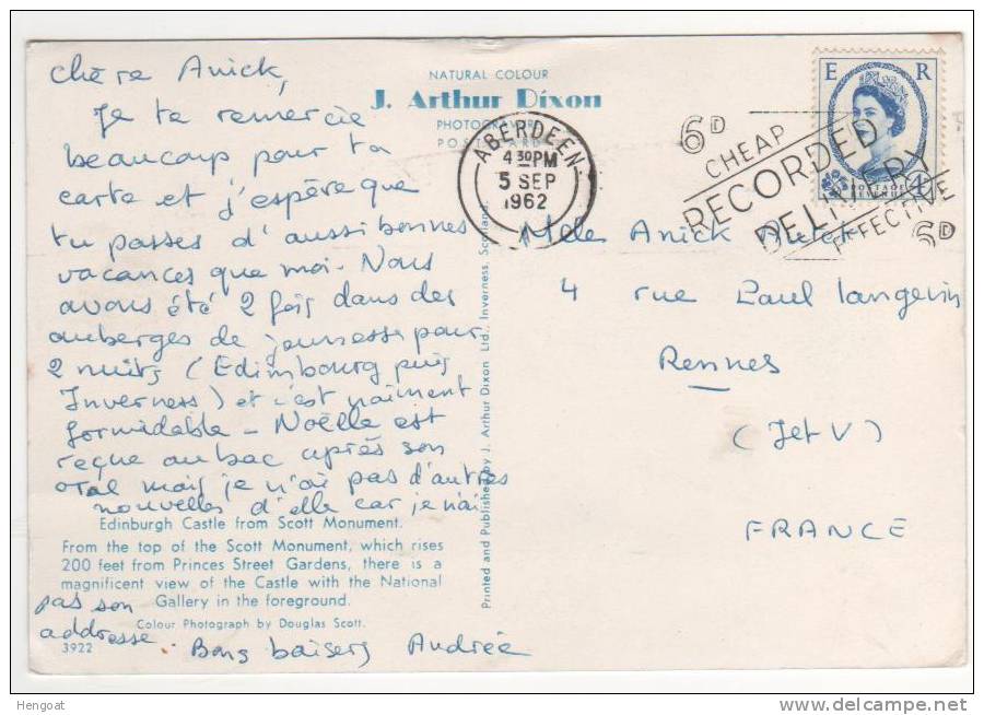 Belle Flamme De Aberdeen / Carte , Postcard Du 05/09/62  Pour La France - Covers & Documents