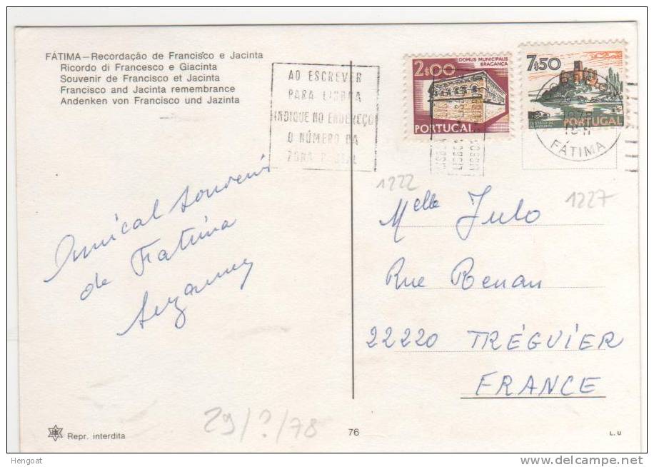 Timbres Yvert N° 1222 , 1227   / Carte , Postcard Du  29/??/78 Pour La France - Lettres & Documents