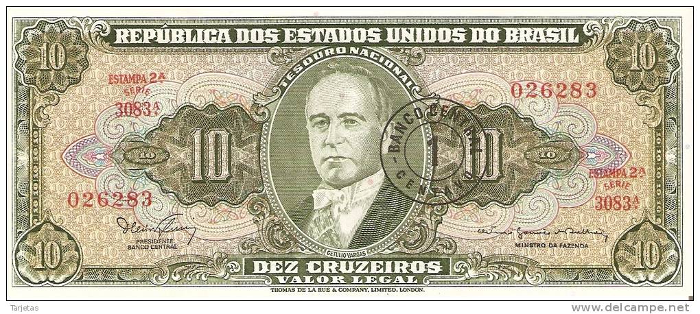 BILLETE DE BRASIL DE 10 CRUZEIROS CON RESELLO 1 CENTAVO  SIN CIRCULAR   (BANKNOTE) - Brasil