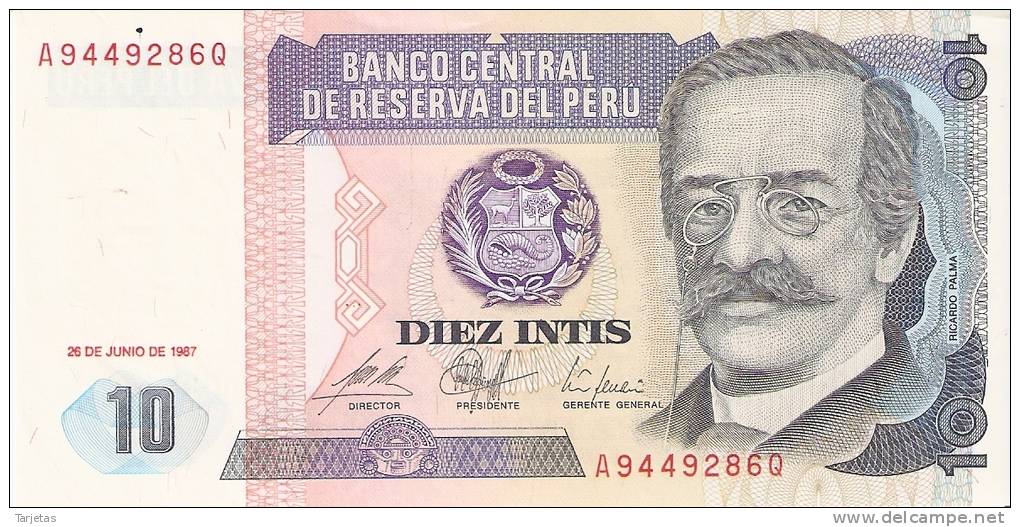 BILLETE DE PERU DE 10 INTIS DEL  AÑO 1987  (BANKNOTE) NUEVO SIN CIRCULAR - Pérou