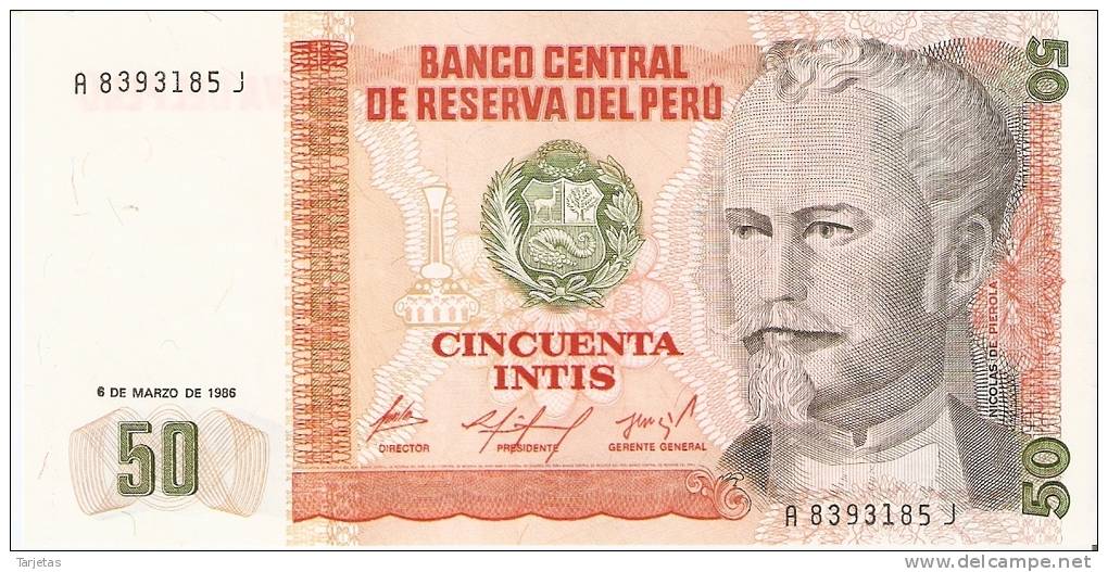 BILLETE DE PERU DE 50 INTIS DEL AÑO 1986  (BANKNOTE) NUEVO- SIN CIRCULAR - Peru