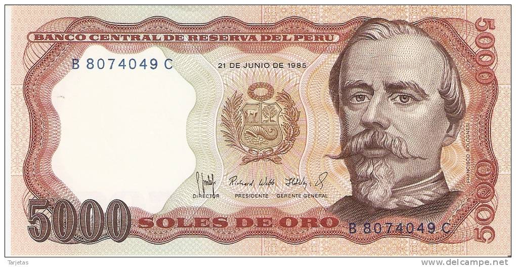 BILLETE DE PERU DE 5000 SOLES DE ORO DEL AÑO 1985  (BANK NOTE) NUEVO SIN CIRCULAR - Perú